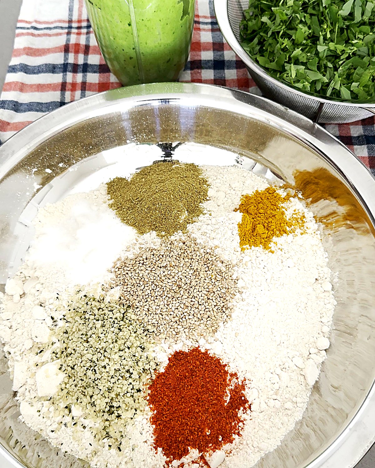 Whole wheat flour with hemp seeds, sesame, turmeric, red chilli and coriander powder for thepla